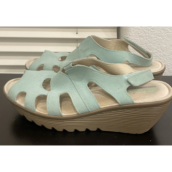 Sketchers Wedge Heel Sandals‎ Green Mint Suede Shoes Women's 9.5 memory foam - Picture 1 of 8